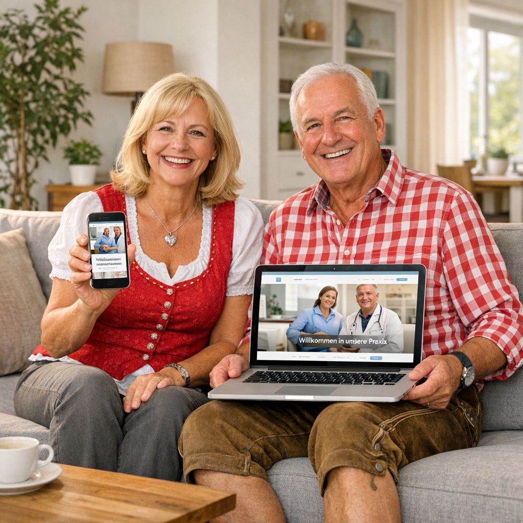 Lächelnde Patient:innen mit Smartphone und Laptop auf schöner Praxis-Website